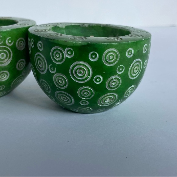Soapstone Votive Candle Holders 2 Kelly Green Carved Round Etched swirled EUC - Picture 4 of 14
